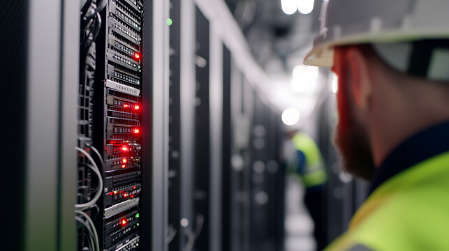 Server room maintenance: engineer in hard hat inspecting servers with blinking lights, performing checks and maintenance in a controlled data center.