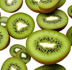 Fototapeta premium Juicy kiwi slices falling, studio shot, dark background, food packaging