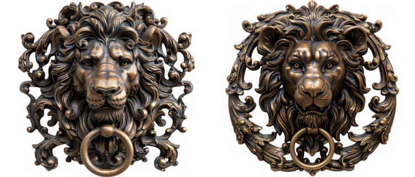 Two ornate lion head door knockers isolated on transparent background, vintage bronze sculpture with intricate details and antique design, perfect for home decor