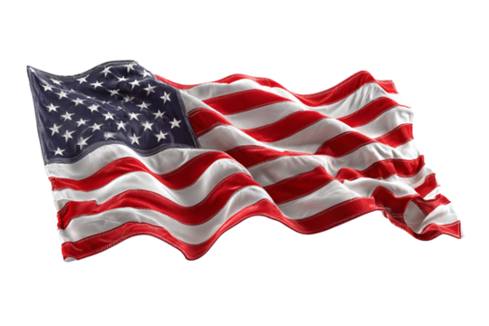 Detailed American Flag Fabric Rippling on Black usa flag isolated on a transparent background in PNG format.