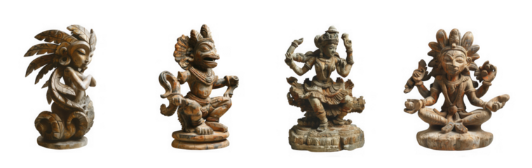 Four ancient bronze statues of hindu deities isolated on transparent background, showcasing intricate details and cultural significance of religious art
