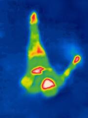A sleeping man. Sleeping on your back. Image from thermal imager device.