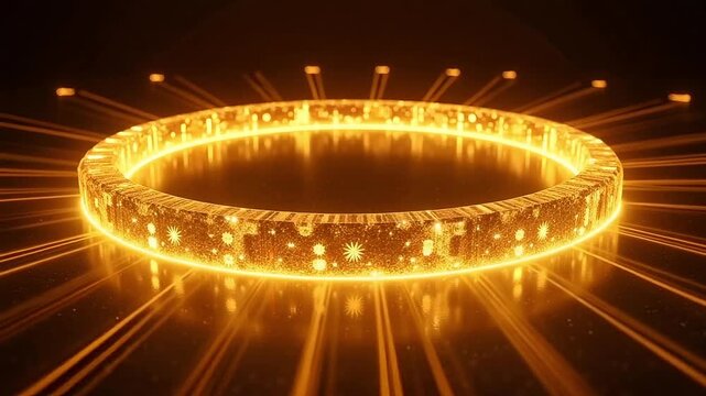 Glowing toroidal energy ring radiating powerful futuristic light beams