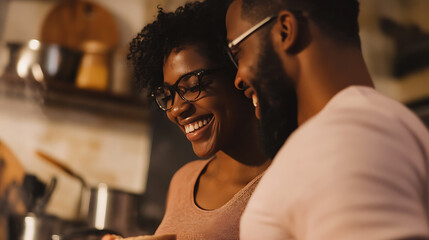 Joyful cooking: A couple shares laughter and love in the kitchen, creating delicious memories together through shared culinary experiences.