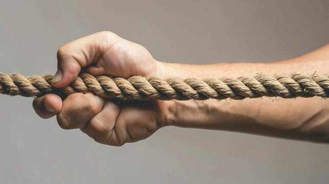 Hand gripping rope strength and determination concept strong hold pulling tug of war teamwork challenge