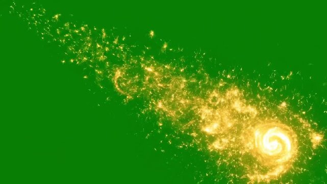 Golden glitter comet tail with spiral sparkling light effect on green screen abstract vector illustration for festive design