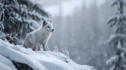 Obraz premium A snow-covered wolf atop a snowy peak, overlooking an evergreen forest blanketed in snow