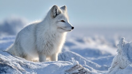 Fototapeta premium A white fox perched atop a snowy mountain, surrounded by snow-covered trees and shrubs