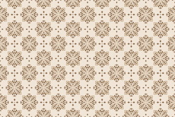 Seamless decorative damask pattern with floral and geometric ornaments. Features gold, beige, and white elegant motifs for vintage wallpaper, textile fabric, royal fashion, and interior decoration