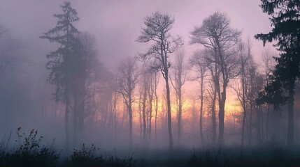   Forest with numerous trees in the foreground and sun illuminating the background