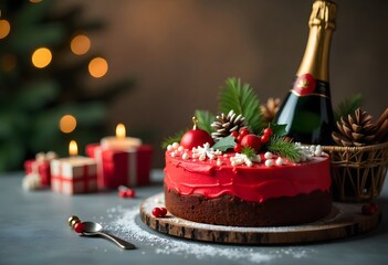 Celebrate festive holidays with a decadent red Christmas cake, sparkling champagne, and warm glowing candles creating a cozy, inviting atmosphere for joyous gatherings.