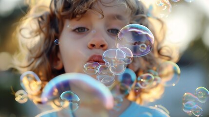 Child blowing bubbles soap bubbles fun activity kids playtime summer childhood happy moments joy bubbles