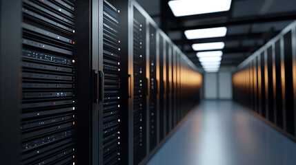 Data center featuring rows of servers. A modern facility showcasing the backbone of digital infrastructure and data management with technological equipment.