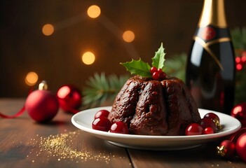 Indulgent Christmas pudding centerpiece with sparkling champagne and festive baubles creates a warm, celebratory holiday dining experience.