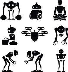 AI Robot Silhouette Icon Vector Collection Futuristic Robot and Android Silhouette Set