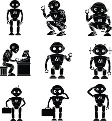AI Robot Silhouette Icon Vector Collection Futuristic Robot and Android Silhouette Set