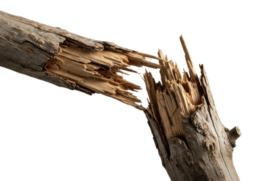 Extreme macro of a rugged, gnarled, fractured dead tree branch exposing intricate wood grain on transparent background with dramatic chiaroscuro, natural decay and enduring strength concept