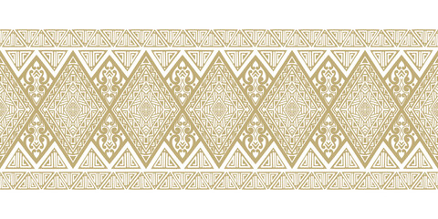 Seamless tribal ethnic pattern with geometric ornaments and traditional motifs on white background