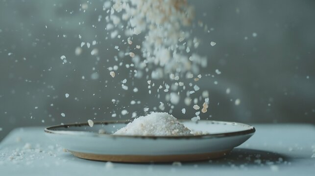 Sea salt flakes falling onto plate gourmet food ingredient cooking seasoning spice flavor enhancer kitchen