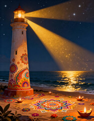 A decorated lighthouse beams over a beach with rangoli and candles at night under a starry sky view