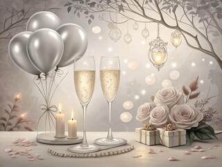 Elegant Anniversary Silver Balloons Champagne Candlelight Celebration