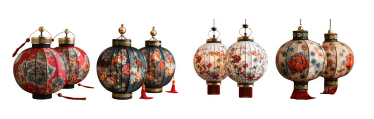 Exquisite antique chinese lanterns isolated on transparent background, showcasing intricate designs and vibrant colors, perfect for adding a touch of oriental charm