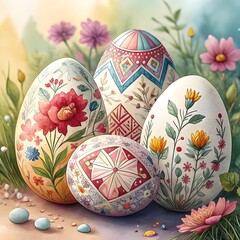  Decorative spring eggs with intricate floral and geometric motifs outdoors amidst blooming flowers