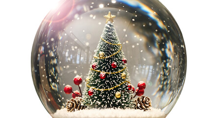 Christmas snow globe with tree isolated on transparent background, a festive and magical decoration