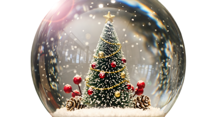 Christmas snow globe with tree isolated on transparent background, a festive and magical decoration