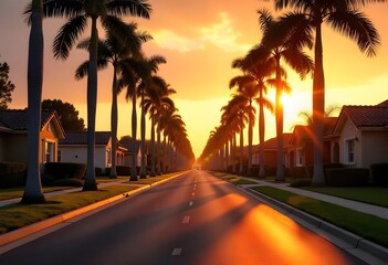 Golden hour paints a suburban street lined with majestic palm trees, casting long, dramatic shadows across the road as the sun sets vibrantly.