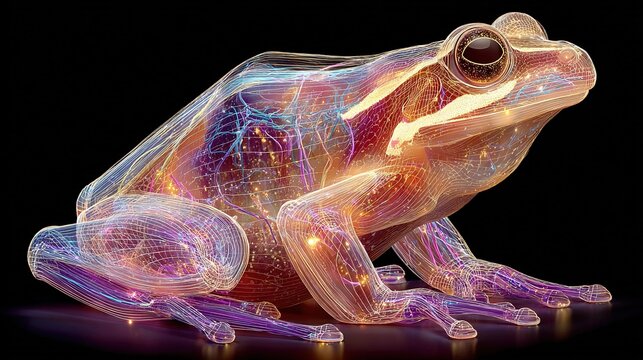   A vividly hued toad perched atop an ebony platform against an ebon backdrop, emitting radiant beams from its upper limbs