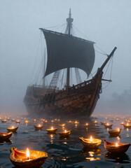 A large ship sailing on water filled with small lit candles under a foggy sky at nighttime scene view