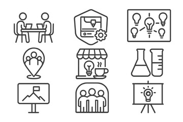 Innovation Hub Icons. Line style icons of community innovation hubs: coworking space icon, makerspace badge, idea wall symbol,
