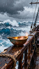 A burning oil lamp on a ship's railing during a storm with rough seas and a dark cloudy sky above it all