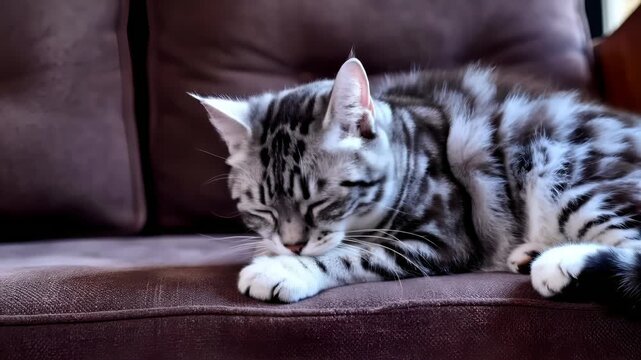 Peaceful gray and white cat drifting into slumber, nestling comfortably on soft brown sofa, surrendering to gentle relaxation