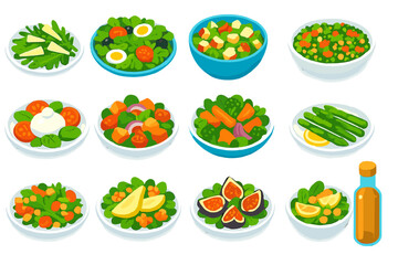 Gourmet Salad Selection. Isometric vector illustration set Gourmet salads: arugula with parmesan, nicoise salad plate, Waldorf