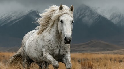 White horse gallops across a grassy plain with mountains in the backdrop during a cloudy afternoon