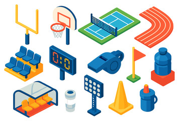 Stadium Elements Icons. Isometric vector illustration set Stadium elements: football goalpost, basketball hoop, tennis court net,