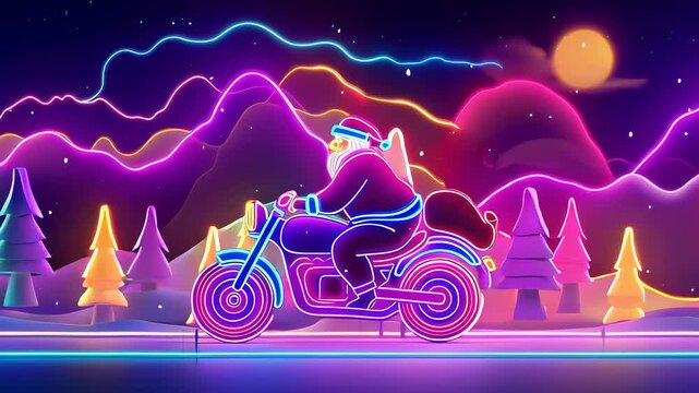 A neon lighted image of Santa riding a motorcycle. The scene is set in a forest with trees and mountains in the background. The neon lights give the scene a festive and colorful mood
