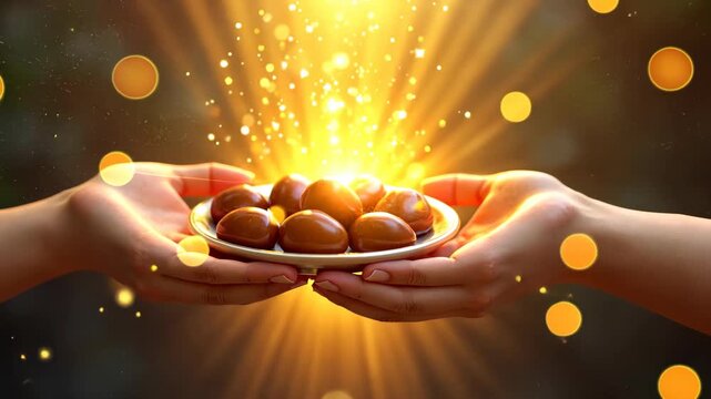 A symbolic 3D icon of two hands sharing a plate of dates with golden light connecting them in cartoon style.Islamic holiday, sacrifice tradition, family celebration, Muslim feast, halal food.