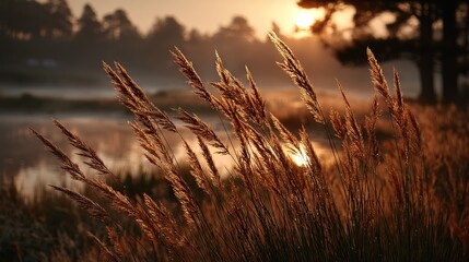 Naklejka premium The sun sets over a water body with tall grass in front and trees behind
