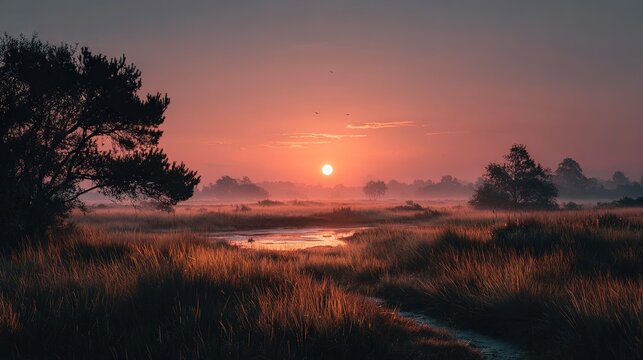   Sunset on marshland, pond in fg, tall grass bkg