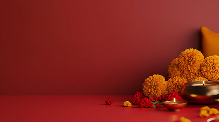 Festive display with marigolds, candles, and a warm color palette evokes a celebratory atmosphere, ideal for cultural or seasonal themes.