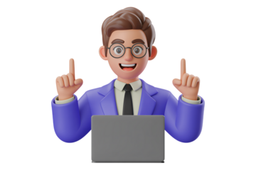 Smiling businessman having idea with laptop points up animation