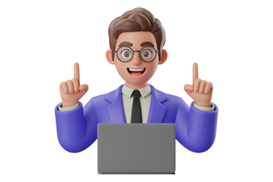 Smiling businessman having idea with laptop points up animation