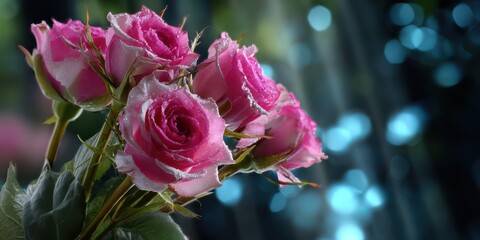 Bright pink roses dusted with frost against a shimmering blue background during early morning light