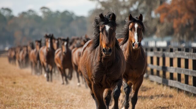 Horses gallop together across a field in a picturesque rural landscape during the golden hour of late afternoon