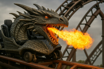 Obraz premium Fierce dragon-shaped roller coaster car breathing fire while racing along steel tracks, fantasy amusement ride design, surreal dragon roller coaster concept