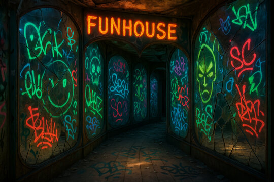Creepy abandoned funhouse corridor covered in colorful neon graffiti and broken mirrors under eerie carnival lights, haunted funhouse graffiti concept