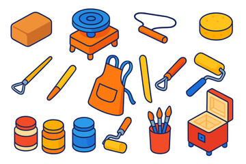 Pottery Studio Essentials. Isometric vector illustration set Pottery Studio: clay block, pottery wheel, sculpting wire, sponge,